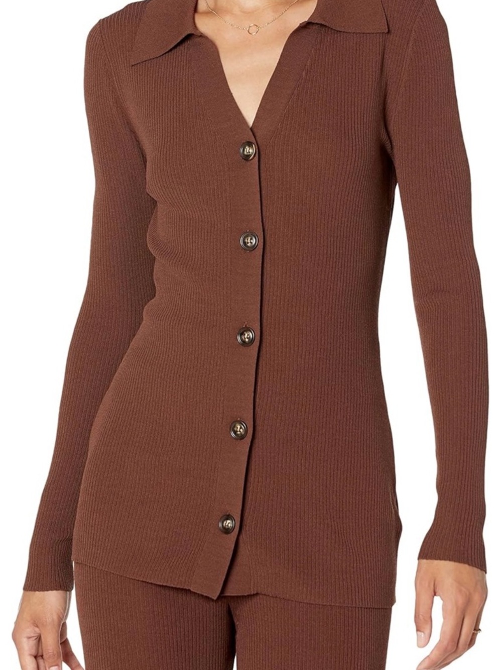 Slim Ribbed Button-Front Cardigan in Chocolate Brown
